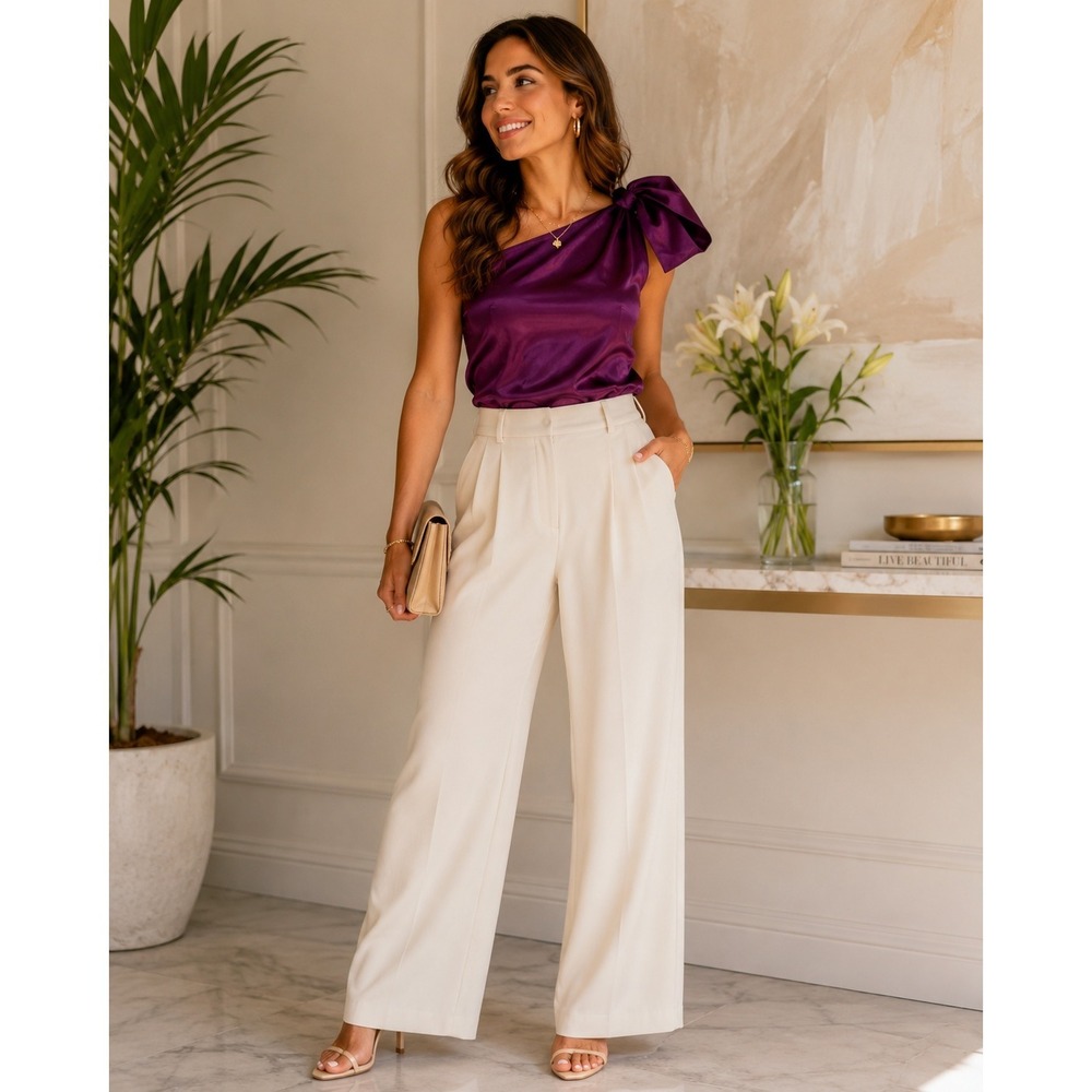 VIDUSSA Women Top Purple One Shoulder Satin Bow Top NWT Size S